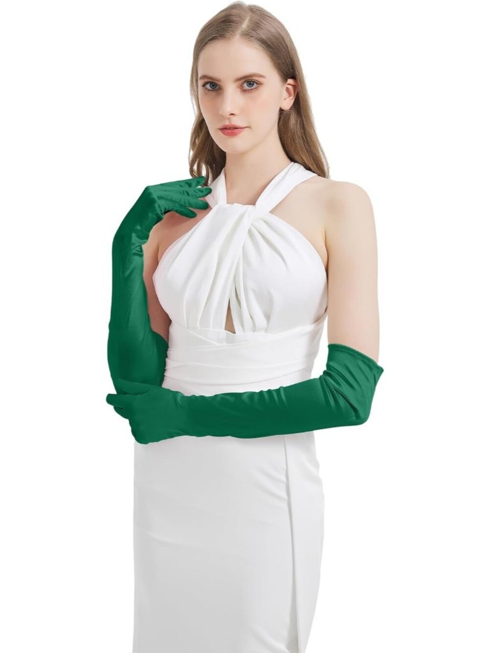 Women's Green Satin Opera Elbow Length 1920s Flapper Long Gloves Party - Picture 4 of 7